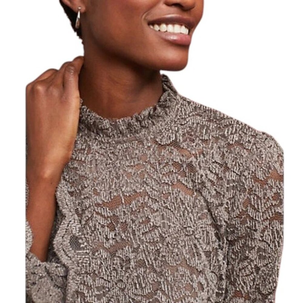 NWT Eri + Ali Delano Lace Mock Neck Top Size Large Taupe Anthropologie - Picture 2 of 11